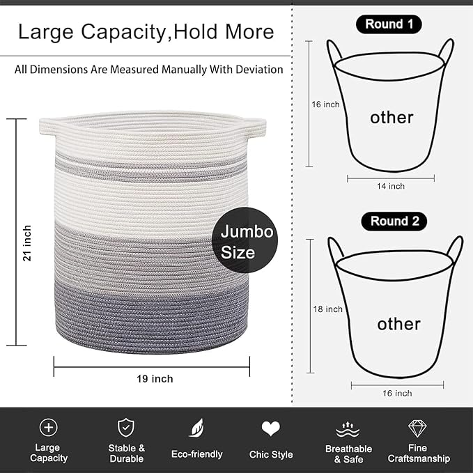 OIAHOMY 100L Laundry Hamper - Storage Basket with Handles, Decorative Woven Basket for Living Room, Toys Bin, Pillows, Blankets, Clothes - 19x21in - Gradient Gray - Image 4