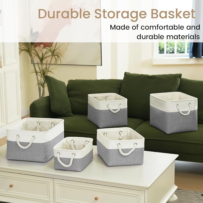 Storage Baskets for Shelves 13.8x9.8x6.7 Inch, Foldable Fabric Storage Bins with Handles, Small Storage Baskets for Organizing Closet, Office, Home Organization (3-Pack, White&Gray) - Image 7