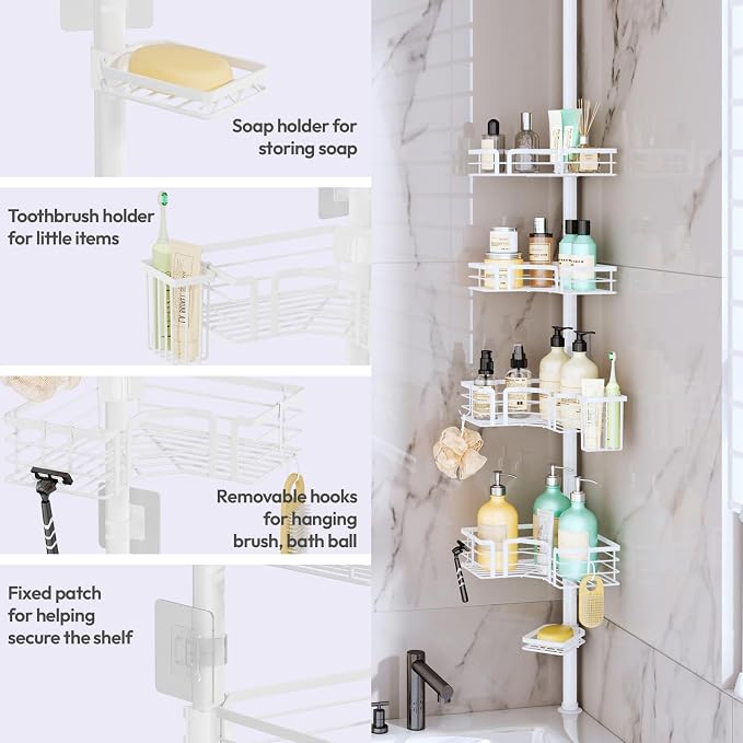 SWTYMIKI Shower Caddy Tension Pole - 4-Tier Corner Shower Organizer Tension Rod with Soap Holder, Toothbrush Holder & 4 Hooks, Adjustable Stainless Steel Bathroom Organizer 27.6 to 108.3 inch, White - Image 4