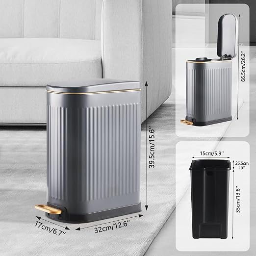 SYNCVIBE Slim Bathroom Trash Can with Soft Close Lid Stainless Steel Garbage Can Step Trash Bin with Removable Inner Bucket for Bedroom, Office, Kitchen (Matt Grey, 3.5 Gallons) - Image 3
