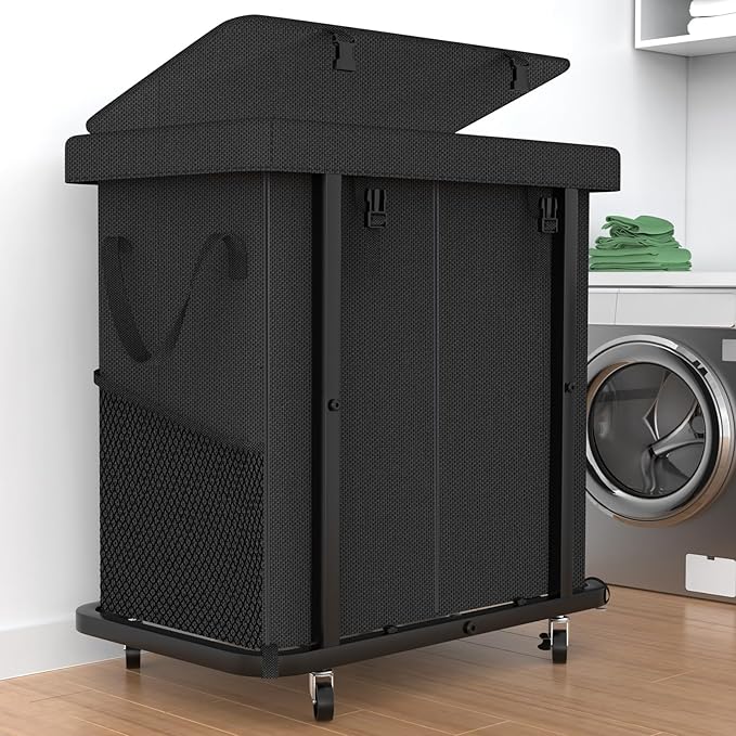 50 Gal(190L) High Grade Large Laundry Basket with Wheels, Rolling Laundry Hamper, Laundry Cart with Metal Frame and Removable Bag Design, Suitable for Laundry Room, Bedroom (Black, 2 Section 190L) by Unlockyourhomestoragelife