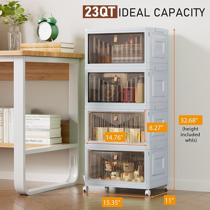 4 Tier Stackable Plastic Storage Bins with Lid and Wheels - 23 QT Closet Organizers and Storage, Foldable Storage Containers, Organization and Storage Boxes for Craft, Home, Pantry, Dorm, Grey - Image 2
