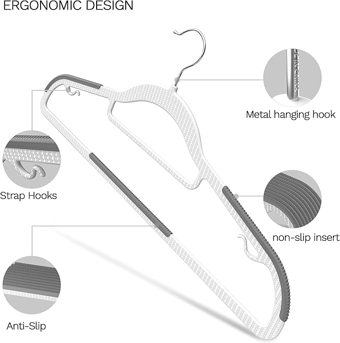 20 Pack Heavy Duty Plastic Hangers, Non Slip Clothes Hangers with Rubber Pads and 360° Hook - Thin Space Saving Hanger, Closet Organizer for Shirt, Pants, Suit, Skirt,Coat - Gray - Image 2