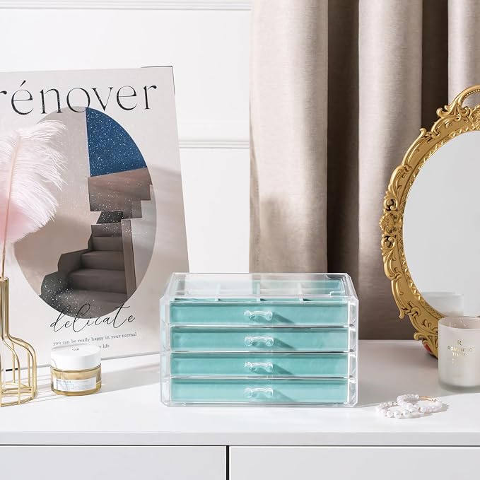 Lolalet Earring Holder Organizer Box Jewelry Storage with 4 Drawers, Clear Acrylic Stackable Earring Case with Adjustable Velvet Trays for Women on Dresser Vanity -Aqua, 4 Layers - Image 4