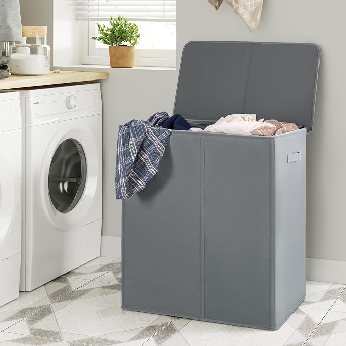 WOWLIVE 154L Double Laundry Hamper with Lid and Removable Laundry Bags, Large Dirty Clothes Hamper 2 section Collapsible Laundry Basket Dorm Room Storage for Bedroom, Bathroom, College,Grey - Image 3