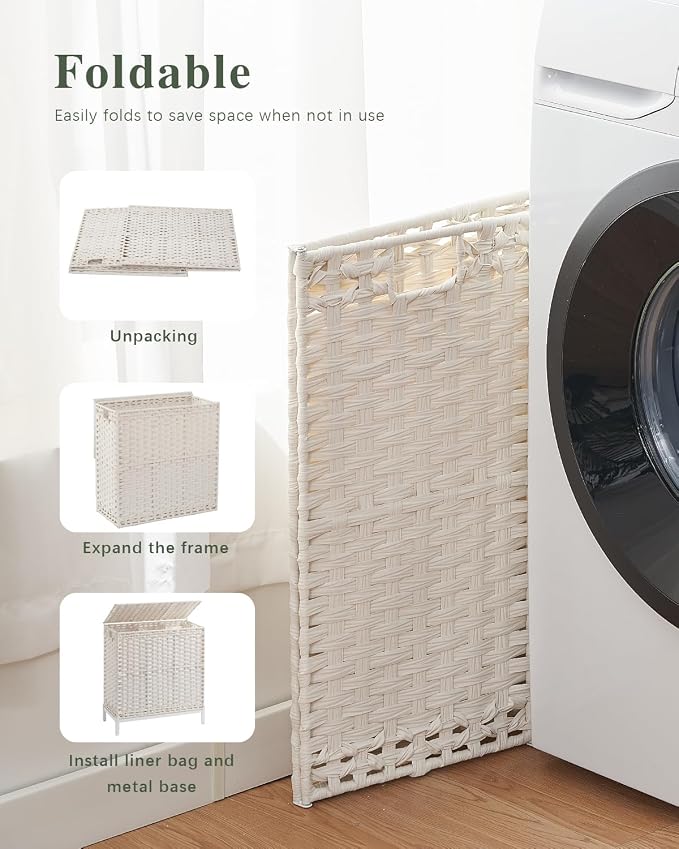SETVSON Laundry Hamper with Lid 132 L, (35 Gallons) Clothes Hamper with Lid, Handwoven Rattan Laundry Hamper with Metal Heightened Feet, Laundry Hampers with 3 Removable Liner Bags for Laundry-White - Image 7