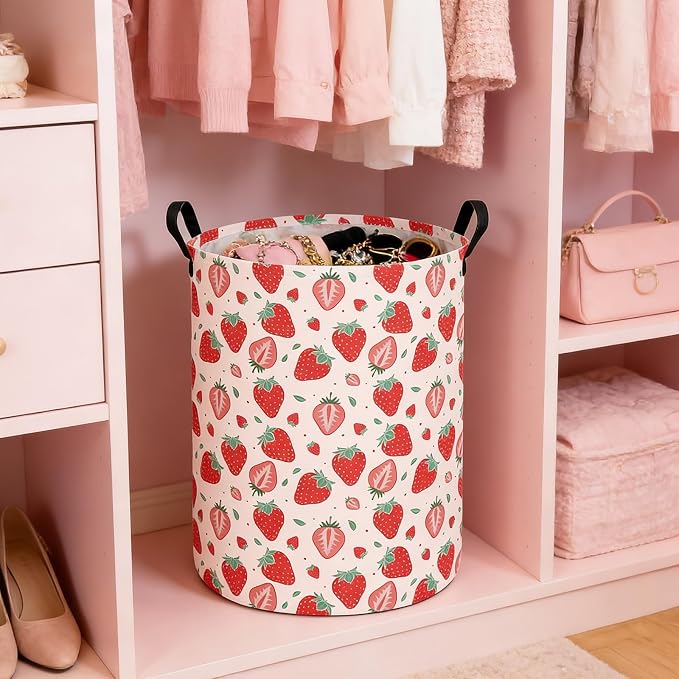 Laundry Hamper Large Canvas Fabric Lightweight Storage Basket/Toy Organizer/Dirty Clothes Collapsible Waterproof for College Dorms, Boys and Girls Bedroom,Bathroom(strawberry) - Image 5