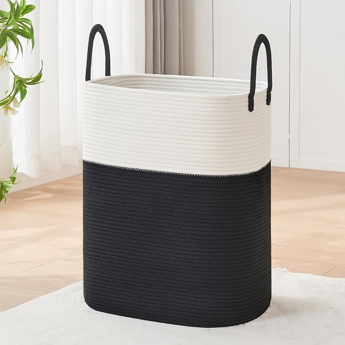 AINUOQI Laundry Basket with Handles - Blanket Basket & Hampers for Bedroom Aesthetic, Laundry Hamper & Blanket Storage for Living Room, Clothes Hamper, Tall, Large 17" x 14" x 25”, White & Black by AINUOQI