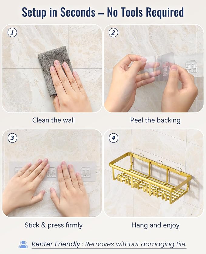 8 Pack Adhesive Rustproof Shower Shelves with Soap Dishes, Toothbrush Holder & Hooks, Large Capacity No-Drilling Shower Shelves Rack for Bathroom Organizers and Storage Accessories, Gold - Image 6
