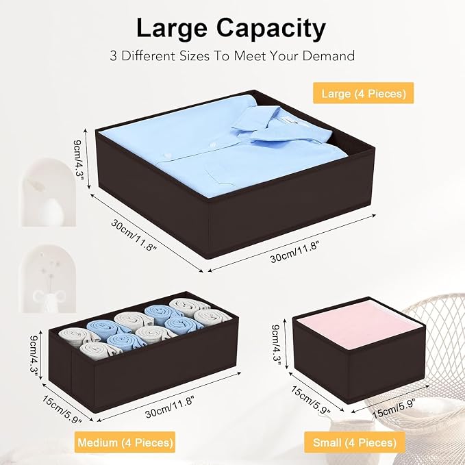 DIMJ Drawer Organizer 15 Pack - Foldable Baby Organizers and Storage & Dresser Organizer for Nursery, Bedroom, Closet - Nursery Organization Dresser Dividers for underwear, Sock, Bra, Belt, Tie, Brown - Image 3