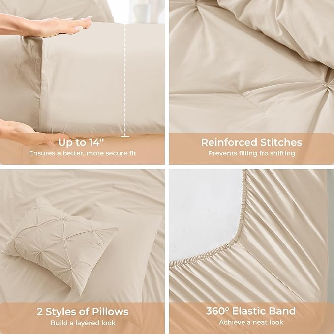 Sasttie Full Size Comforter Set, 7-Piece Bed in a Bag Double, Pintuck Bedding Set for All Season, Includes Comforter, Flat Sheet, Fitted Sheet, Pillowcases and Pillowshams, Warm Beige
