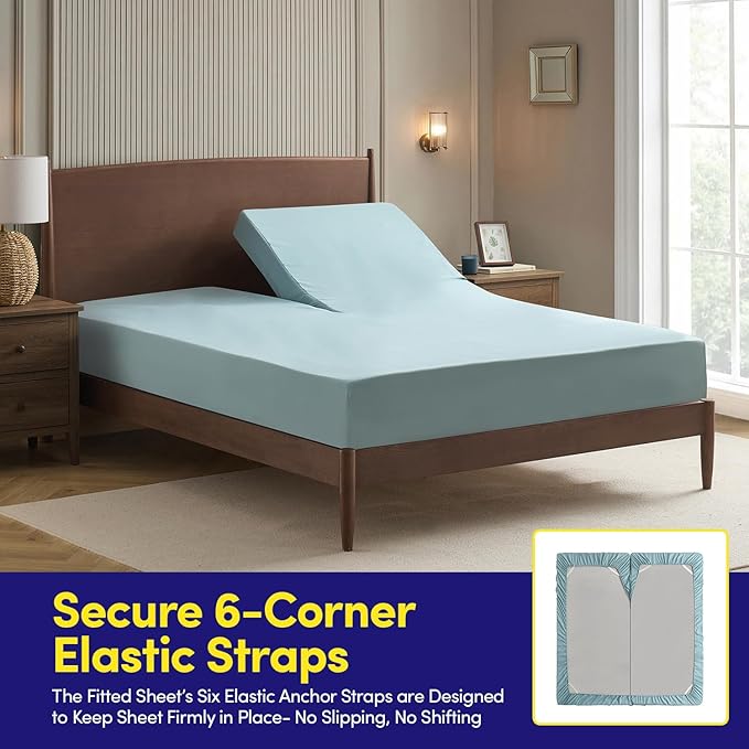Split Head King Sheets Set for Adjustable Beds 4 Piece Flex Top Bed Sheets – Deep Pocket Split Top Fitted Sheet with Built-in Corner Straps, Luxury Soft Cooling Bedding, Wrinkle Resistant, Misty Blue