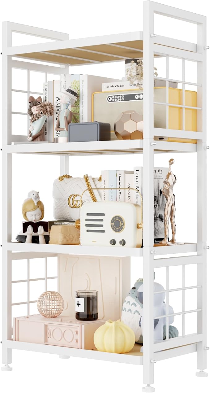 GIOTORENT 4-Tier Pantry Shelves with Wooden Boards, Heavy Duty Storage Shelves & Book Shelf, Adjustable Metal Shelving Unit for Kitchen Bathroom Laundry Organizer, Sturdy Rust-Resistant, White by GIOTORENT