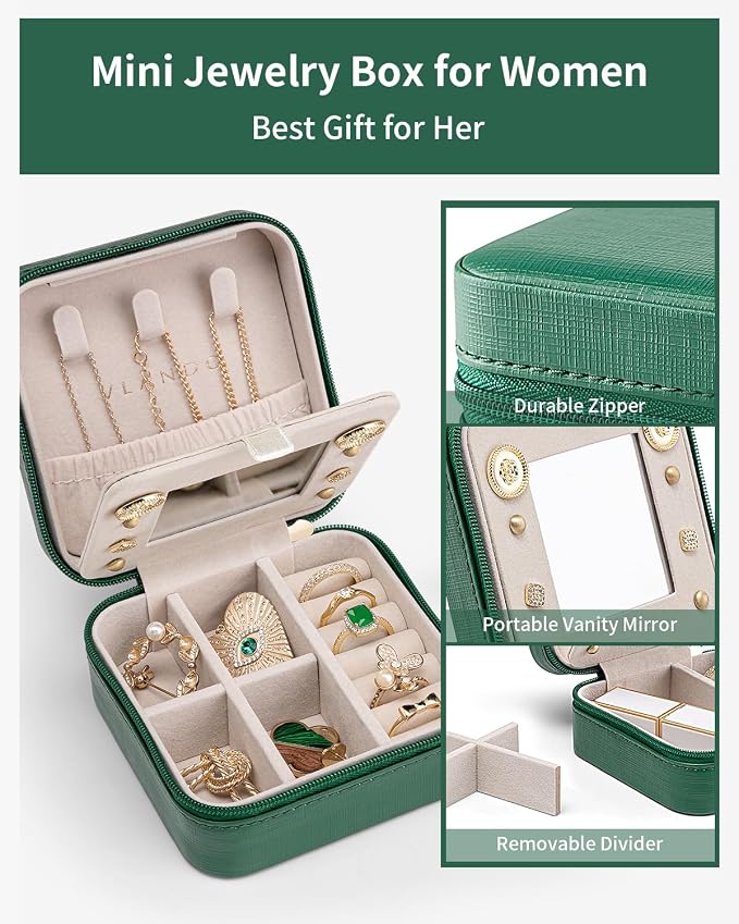 VLANDO Small Travel Jewelry Box Organizer - Girls Women Gift Rings Earrings Necklaces Jewelry Storage Display Case with Mirror Dark Green - Image 4