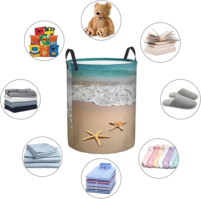 Laundry Basket Beach Starfish Room Decor,Round Laundry Hamper Waterproof Dirty Clothes Hamper Collapsible Laundry Baskets With Handles,Toy/Clothes Storage Beach Towel Basket For Dorm Bathroom Decor - Image 5
