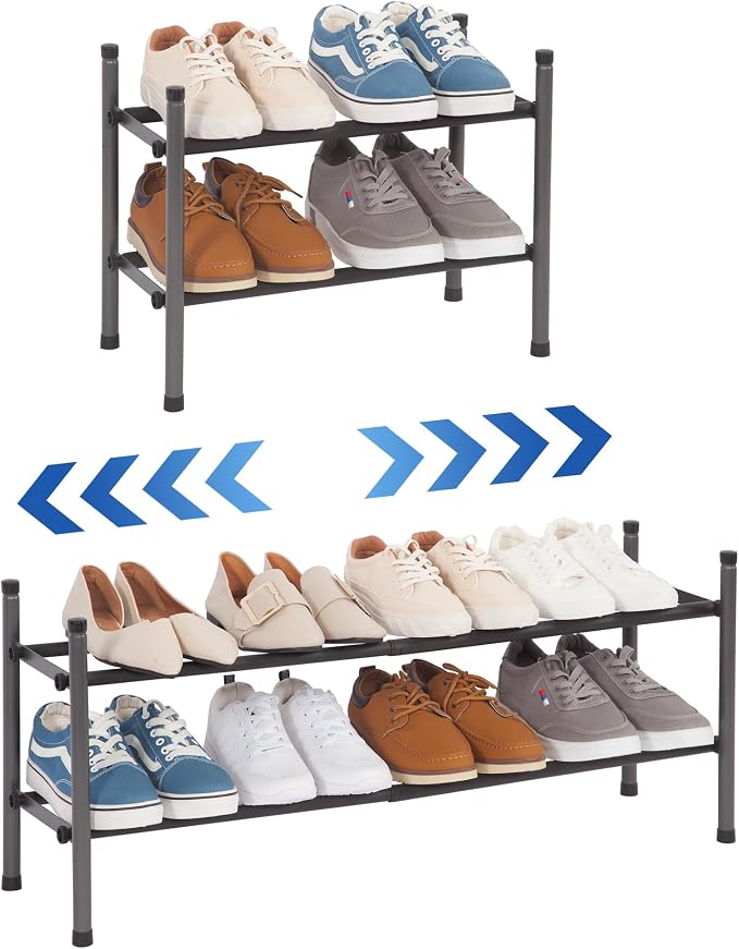STORAGE MANIAC Expandable Shoe Rack, 8 Pairs Stackable Small Shoe Rack, Metal Adjustable Shoes Organizer for Closet, Entryway, Hallway, Garage, Front Door, Shoes Shelves, Black 2 Tier by STORAGEMANIAC