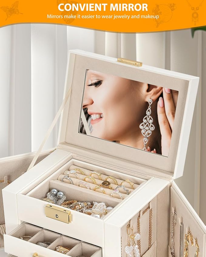 AKOZLIN 5-Tier Jewelry Box Leather Jewelry Storage Organizer with 4 Drawers Lockable for Women Girls Ring Necklace Earring Bracelet Watches Holder with Mirror White - Image 6
