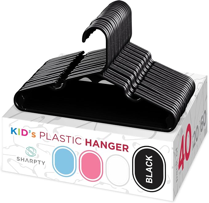 Sharpty Kids Plastic Hangers, Children's Hangers for Baby, Toddler, and Child Clothes - Everyday Standard Use - Ideal for Boys and Girls Closet, Clothing, Pants, Coats, and More - Black, 40 Pack by Sharpty