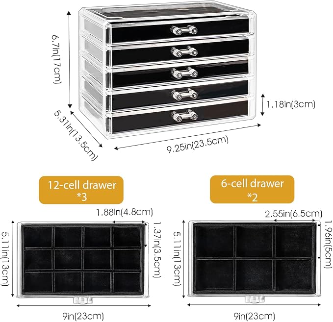 ProCase Earring Holder Organizer Jewelry Box with 5 Drawers, Acrylic Clear Earring Case with Adjustable Velvet Trays for Women - Black, 5 Layers - Image 4