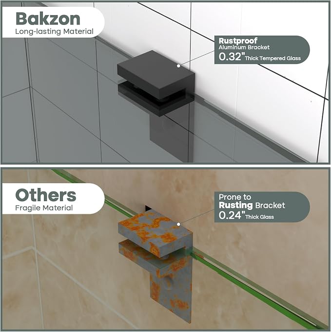 Bakzon 2-Pack Glass Shelf Shower Caddie, Shower Shelves for Inside Shower, Drilling Free Adhesive Wall Mounted Bathroom Organizer Shelves with Aluminium Brackets, Black - Image 5