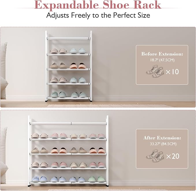 Bumusty 5-Tier Expandable Shoe Rack for Closet, 18“-33” Adjustable Shoe Rack for Small Space, Small Shoe Organizer for Front Door, Sturdy Metal (White) - Image 5