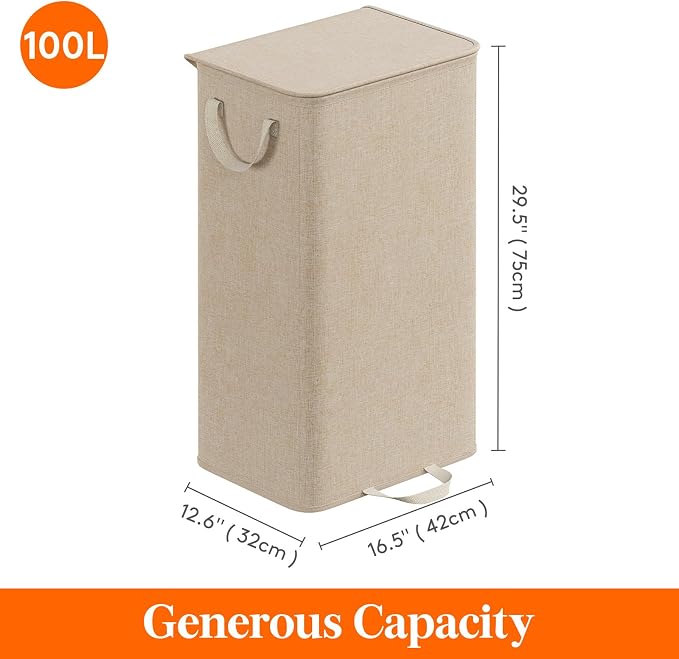 Lifewit Single Laundry Hamper with Lid and Removable Laundry Bags, Large Collapsible 1 Dividers Dirty Clothes Basket with Handles for Bedroom Laundry Room Closet Bathroom College, 100L Beige - Image 6