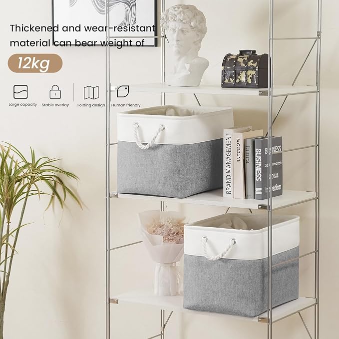 Large Storage Baskets- 16x12x12 inch Storage Bins for Shelves and Closet Organizing, Foldable Fabric Bin for Home Organization Clothes and Laundry (1-Pack, White&Gray) - Image 3