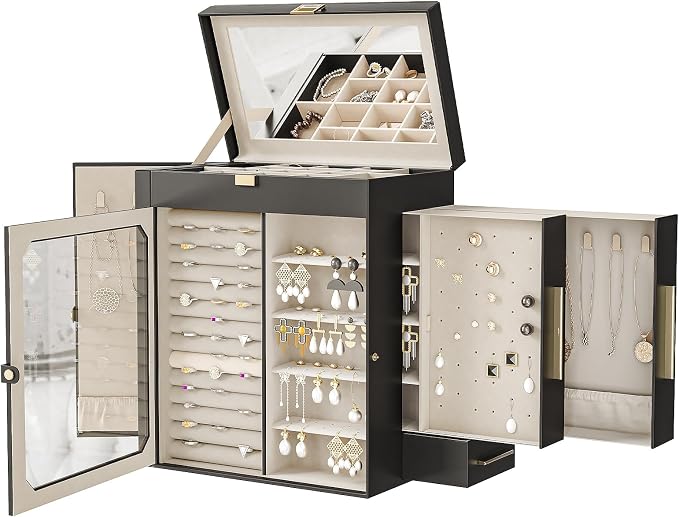 HOOBRO Jewelry Box with Mirror, Travel Jewelry Organizer with Glass Window, Jewelry Storage Case, Vertical Storage, Gift for Loved Ones, for Earrings, Rings, Necklaces, Bracelets, Black BK03JB04G2 by HOOBRO