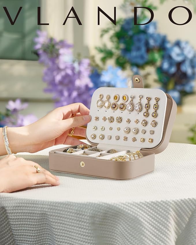 VLANDO Travel Jewelry Case for Women Girls Mothers, PU Leather Small Jewelry Box for Rings, Necklaces, Bracelets, Earring Holder Organizer Storage for Travel Accessories, Valentines Gift - Toffee - Image 8
