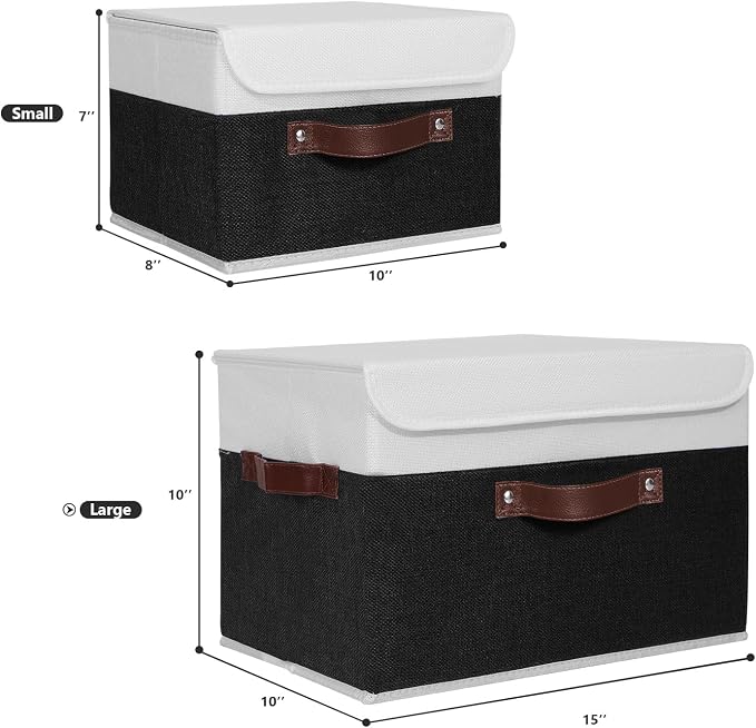 ANMINY Storage Boxes with Lids Washable Decorative Storage Bins Basket with PU Leather Handle Foldable Linen Fabric Storage Cubes Containers for Home Closet Organizer - Black White, Large Size - Image 5