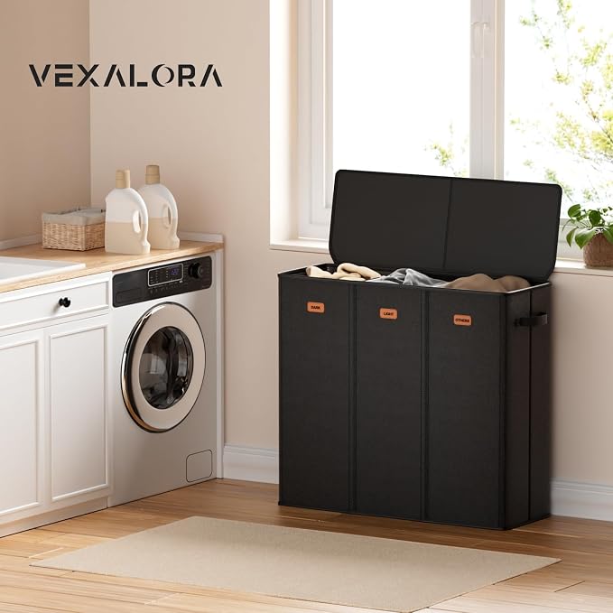 185L Laundry Hamper 3 Section, Laundry Hamper with Lid, Dirty Clothes Hamper with 3 Removable Washing Bags, Extra Large Laundry Basket Organizer for Bedroom, Laundry Room, Dorm - Black - Image 2