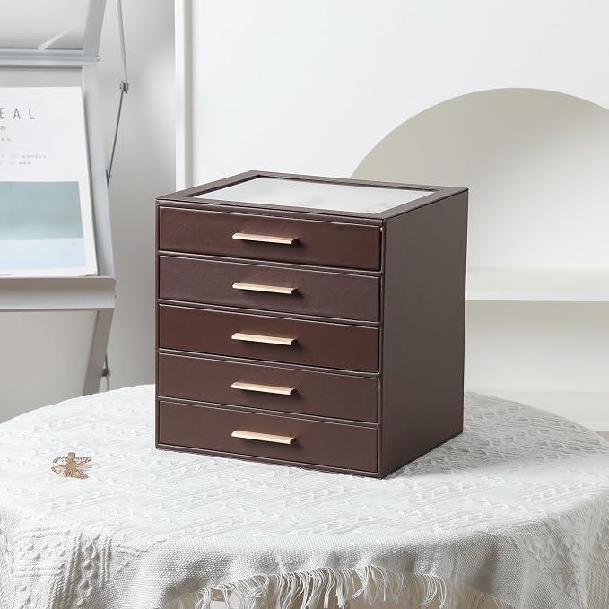 Frebeauty Clear Lid Jewelry Box,5-Layer Jewelry Organizer with Drawer,PU Leather Jewelry Organizers and Storage,Jewelry Boxes for Women,Jewelry Storage for Rings Earring Stud,Gift for Women(Brown) - Image 6