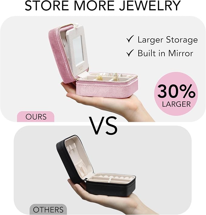 BLUTETE Travel Jewelry Box Organizer Velvet Travel Case With Mirror Ring Earrings Necklaces Storage Organizer Box (Light Pink) - Image 5