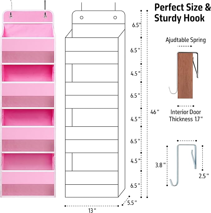 TYMENSH Over The Door Hanging Organizer with 4 Large Pockets – Closet, Bathroom, Nursery, Bedroom, Dorm Storage for Toys, Cosmetics, and Baby Essentials, Pink - Image 2