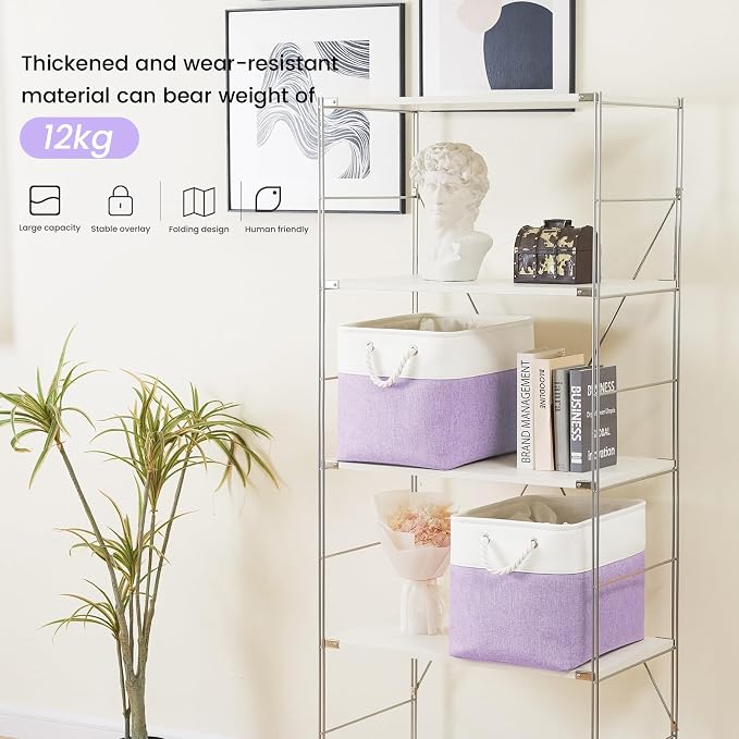 Large Storage Baskets- 16x12x12 inch Storage Bins for Shelves and Closet Organizing, Foldable Fabric Bin for Home Organization Clothes and Laundry (1-Pack, White&Purple) - Image 3