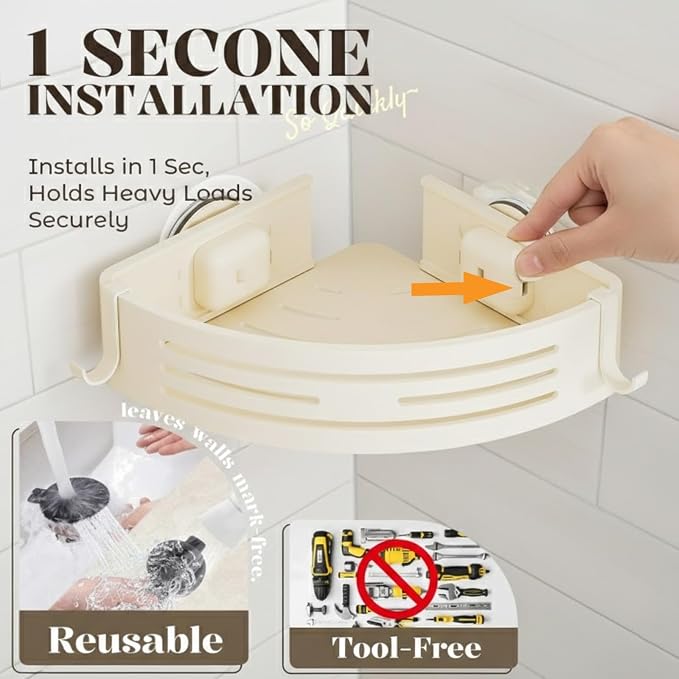 ONXE Corner Shower Caddy Suction Cup,Shower Shelves with Hooks,No Drilling Powerful Suction Bathroom Organizers and Storage,Removable Waterproof Rustproof Metal Shower Bathroom Decor (2 Pack-White) - Image 3