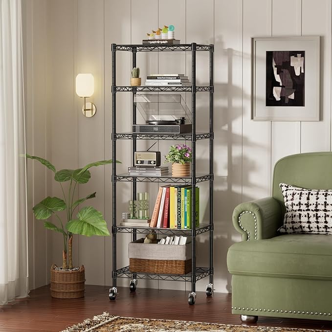 SINGAYE 6 Small Shelf Storage Wire Shelves Closet Bathroom Organizers Metal Pantry Kitchen Garage Shelving Unit Laundry Room Organization Home Narrow Rack Net Basket with Wheels Black - Image 2