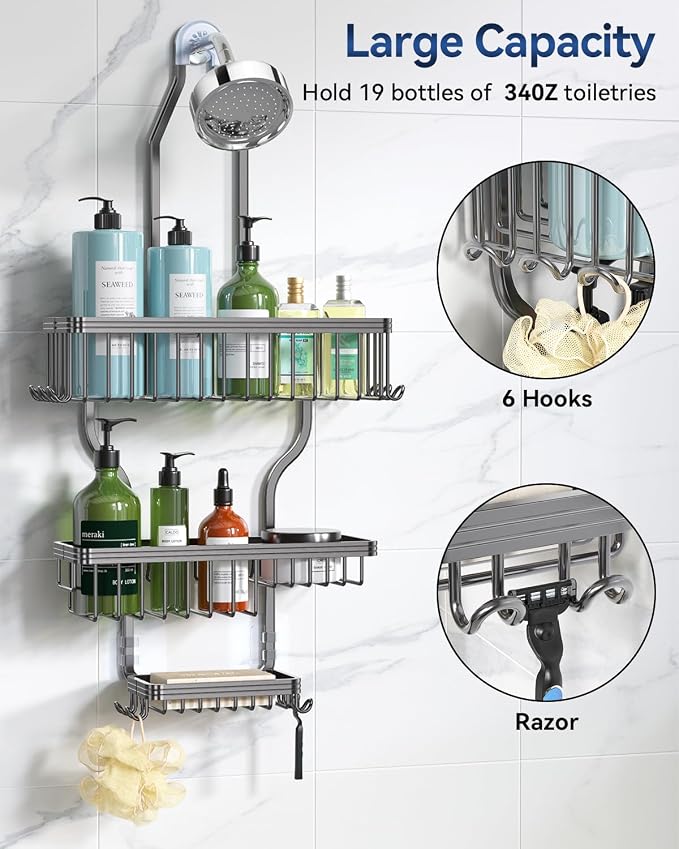 YASONIC Shower Caddy Hanging - Never Rust Organizer - Aluminum over The head caddy with 10 Hooks for Razor/Sponge - Shower Rack with Soap Basket - Grey - Image 2