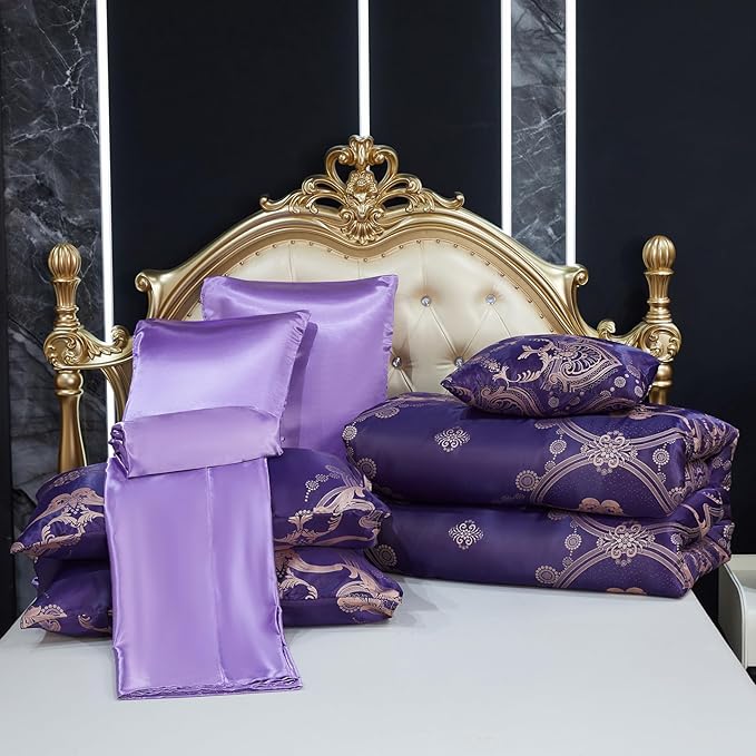Bedding_Dreamer Purple Queen Comforter Set Satin Sheet Set Jacquard Bedding Set 8 Pcs Embroidery Neoclassical Floral Elegant Bed Home Decor Soft Comforter Luxury Hotel Bed in a Bag