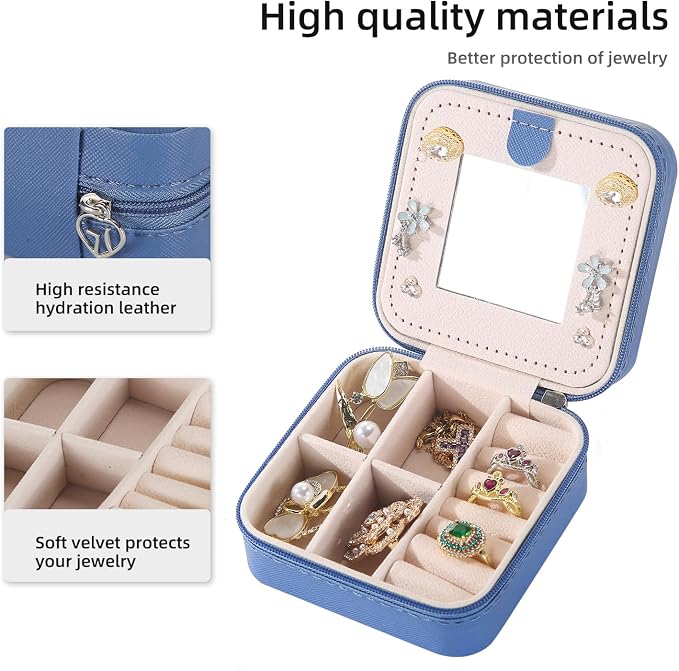 KElofoN Travel jewelry case Travel jewelry box Travel Jewelry Organizer Small Jewelry Organizer Box Gift for Girls Women with Mirror(Deep blue) - Image 3
