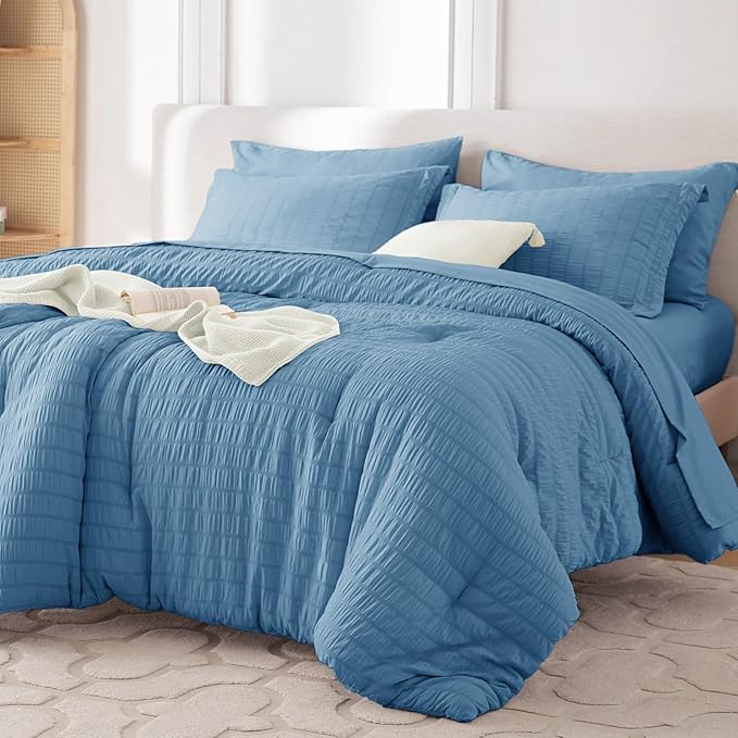 MUXHOMO 5 Pieces Twin XL Comforter Set, Seersucker Bed in a Bag Twin XL Size, All Season Luxury Bedding Set with Comforter, Flat Sheet, Fitted Sheet, Pillowcase & Sham, Mineral Blue