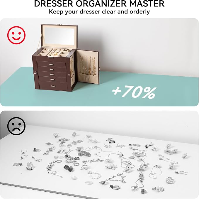 Frebeauty Large Jewelry Box,6-Tier PU Leather Jewelry Organizer,Multi-functional Storage Case with Mirror,Accessories Holder with 5 Drawers for Necklace Bracelets Watches(Dark Brown) - Image 6