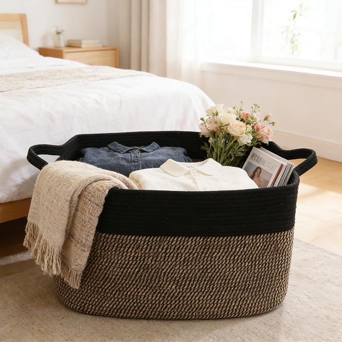96L Large Blanket Basket,24"x16"x15"Rectangle Storage Bin with Handles,Woven Rope Laundry Basket for Toys, Clothes,Magazines,Home Organization,Nursery,Living Room & Bedroom,Black&Jute - Image 4
