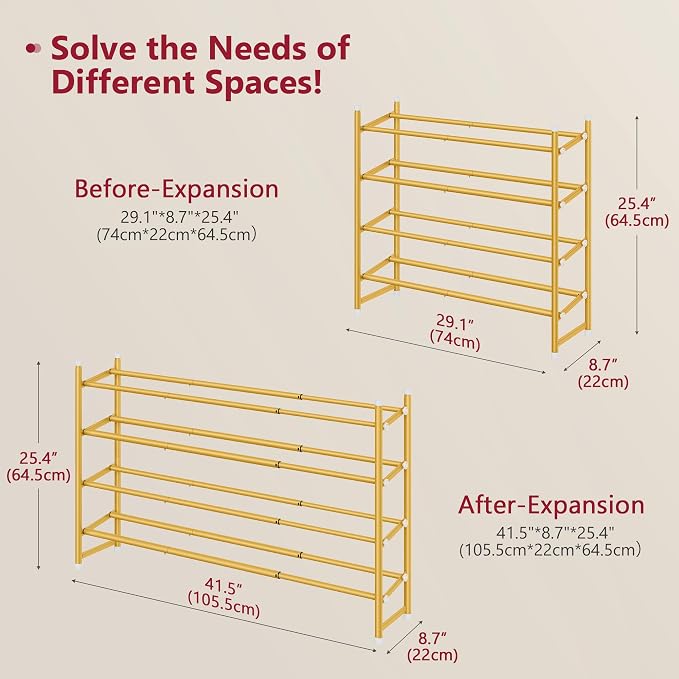 Tajsoon Expandable Shoe Rack for Closet 4 Tier, 29“-41“Adjustable & Stackable Shoe Shelf Storage, Metal Shoe Rack Organizer for Front Door Entrance, Closet, Garage, Entryway, Gold - Image 3