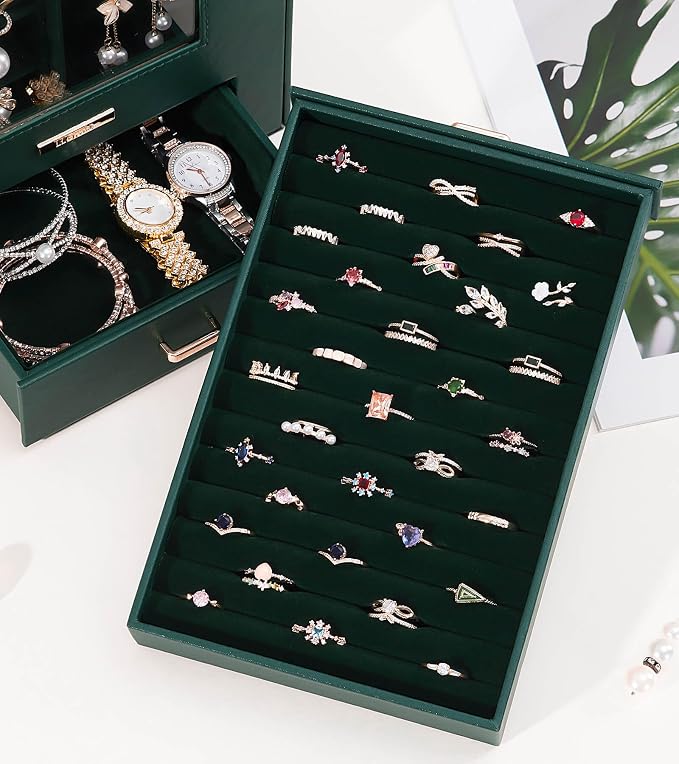 Homde Jewelry Organizer with Transparent Window Necklace Hooks Gift for Women Jewelry Box Display Case for Necklaces Rings Earrings Bracelets and Other Accessories (Forest Green) - Image 8