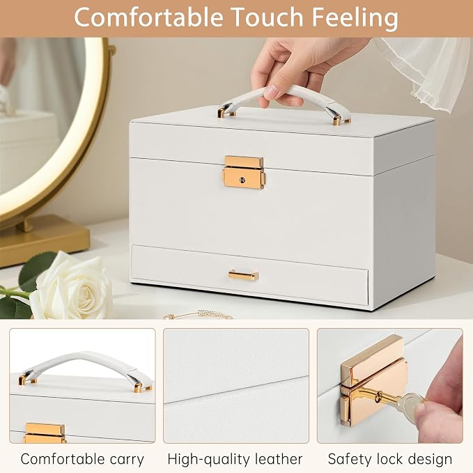 AKOZLIN Travel Jewelry Box Organizer Functional 2-trays Leather Jewelry Storage Case with Lockable Portable Drawer for Women Girls Ring Necklace Earring Bracelet - Image 6