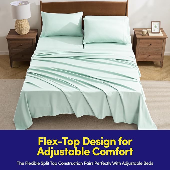 Split Head King Sheets Set for Adjustable Beds 4 Piece Flex Top Bed Sheets – Deep Pocket Split Top Fitted Sheet with Built-in Corner Straps, Luxury Soft Cooling Bedding, Wrinkle Resistant, Mint