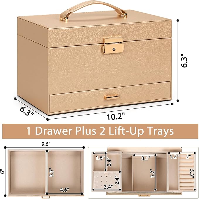 AKOZLIN Travel Jewelry Box Organizer Functional 2-trays Leather Jewelry Storage Case with Lockable Portable Drawer for Women Girls Ring Necklace Earring Bracelet - Image 6