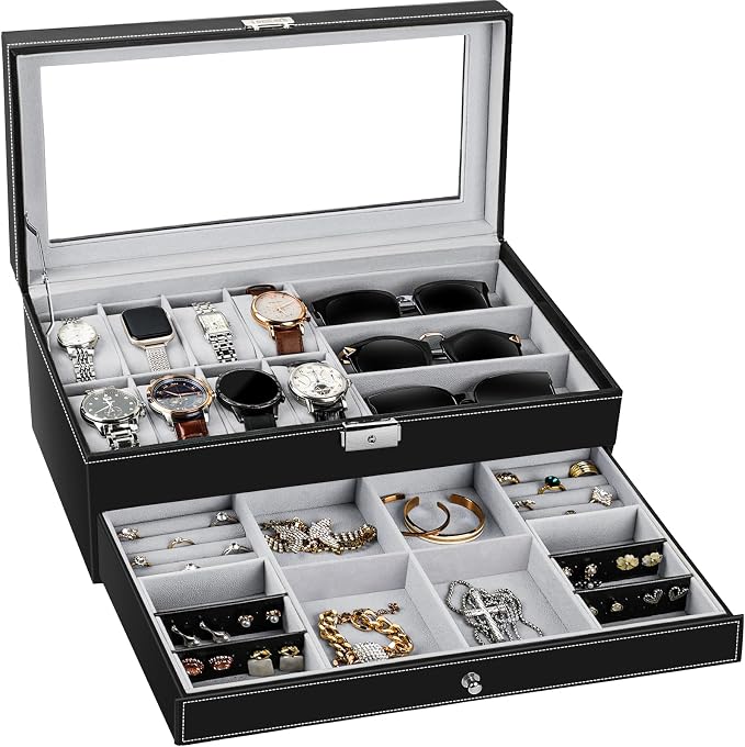 TomCare Watch Box Watch Case Jewelry Organizer Holder Jewelry Display Box Case Sunglasses Storage Organizer Lockable with Glass Top and PU Leather for Men Women, Black by TomCare