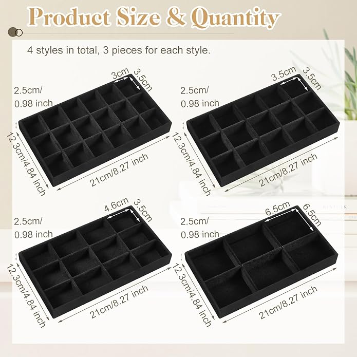 Junkin 12 Pcs Jewelry Tray Velvet Stackable Jewelry Organizer Trays Divided Earring Accessories Storage Containers Box (Rose Red) - Image 2